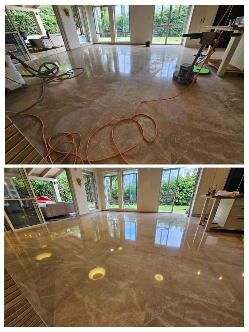 רצפה לפני ואחרי ליטוש ופוליש בבית פרטי